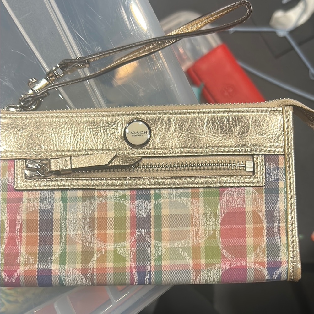 Coach Gold and Multicolor Plaid Wristlet
